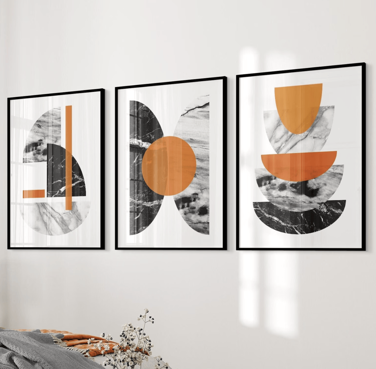 Flower Wall Panel - Boho-geometrische wanddecoratie met drie panelen, canvasafdrukken,