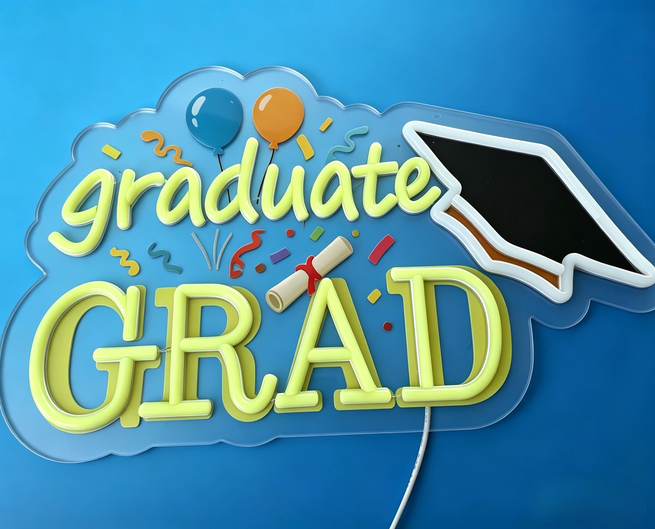 Neonbord met de tekst 'Graduat - Neon Sign Party recensie en prijs